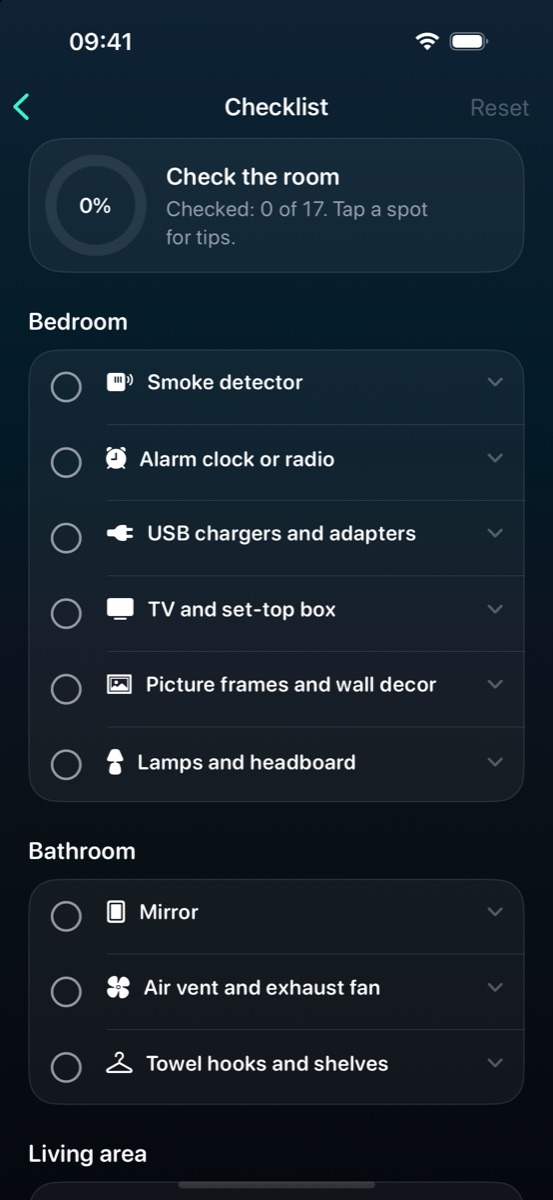 Room checklist with hiding spots