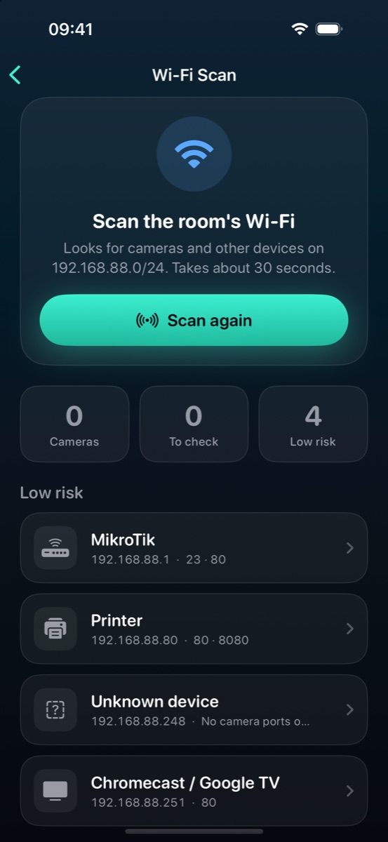 Wi-Fi Scan results listing devices on the network